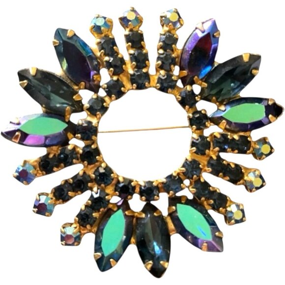 Vintage Aurora Borealis Rhinestone Circle Brooch Pin Gold-Tone Flower Design - Picture 1 of 5